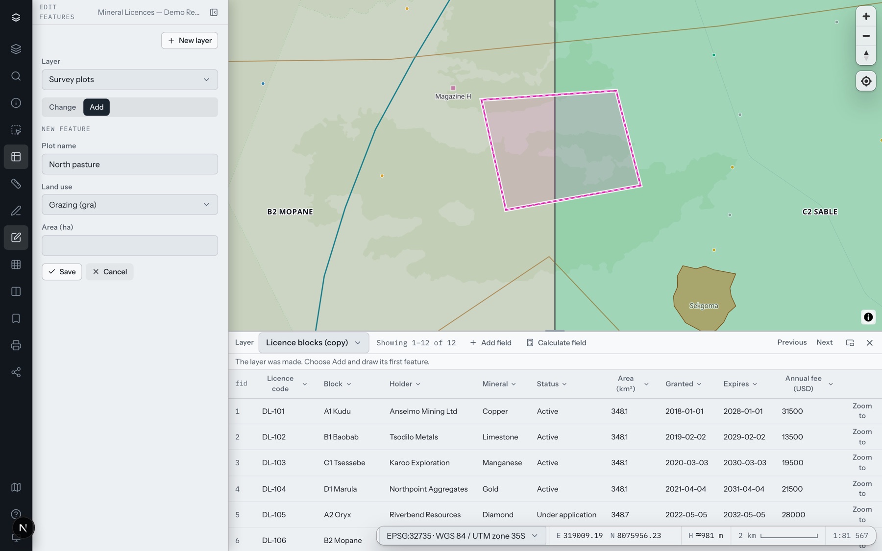 A new plot drawn, its land use chosen from a list
